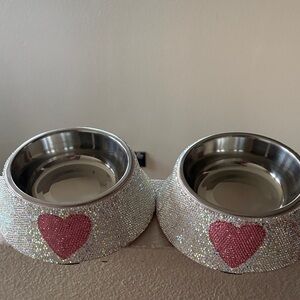 Sparkling Rhinestone Pet Bowls with Pink Heart Accents